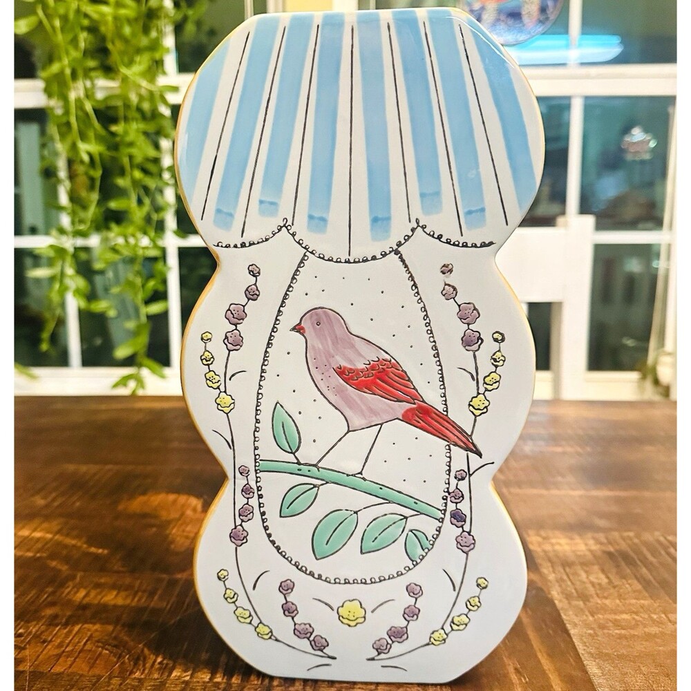 Creative Co-Op 12” Ceramic Bird Vase Wavy Hand Painted Cottagecore Double Sided